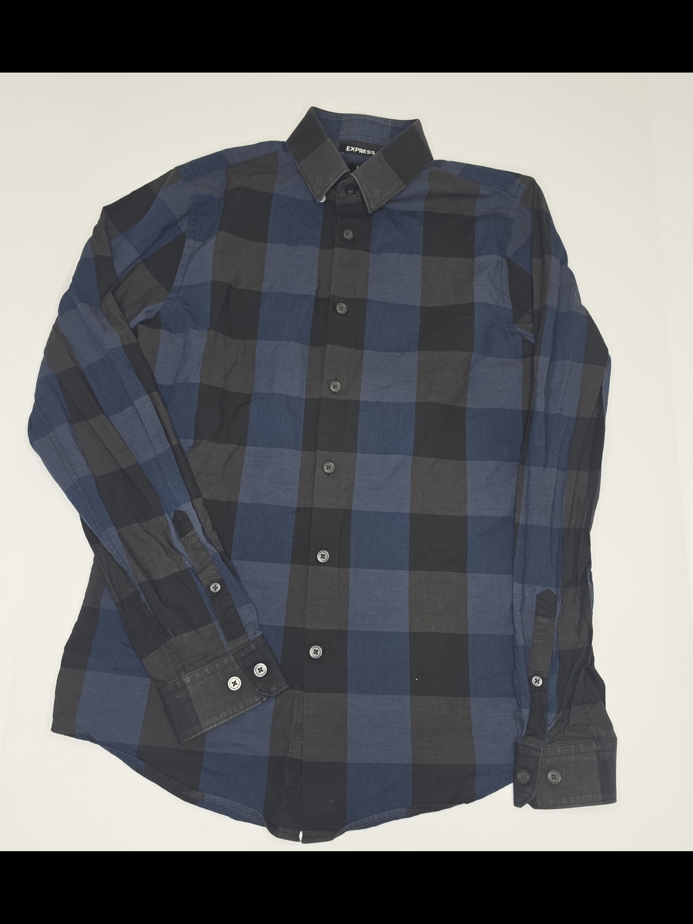 Express Men’s Navy and Black Plaid Button-Down Shirt